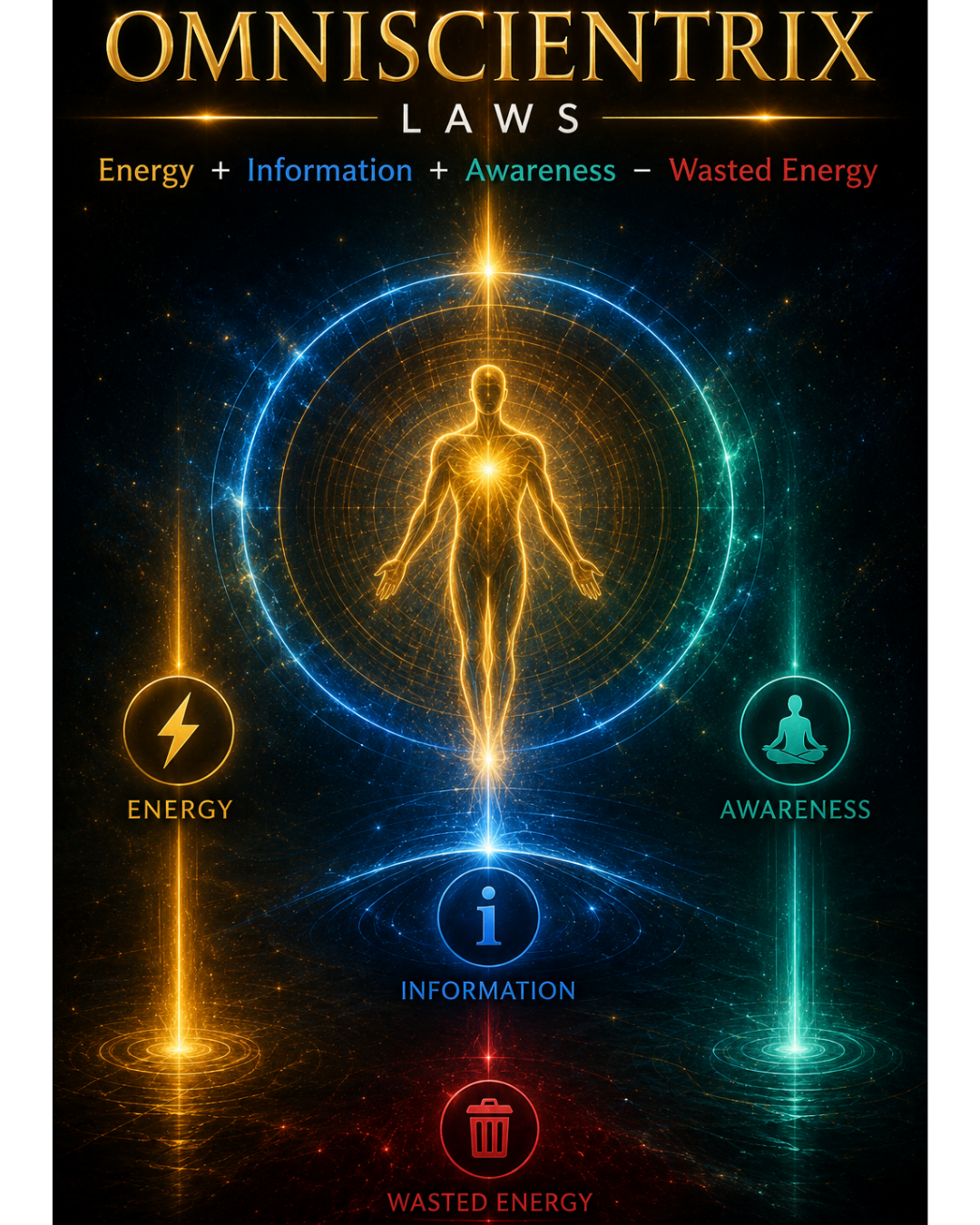 Omniscientrix Laws exploratory framework artwork showing Energy, Information, Awareness and Wasted Energy
