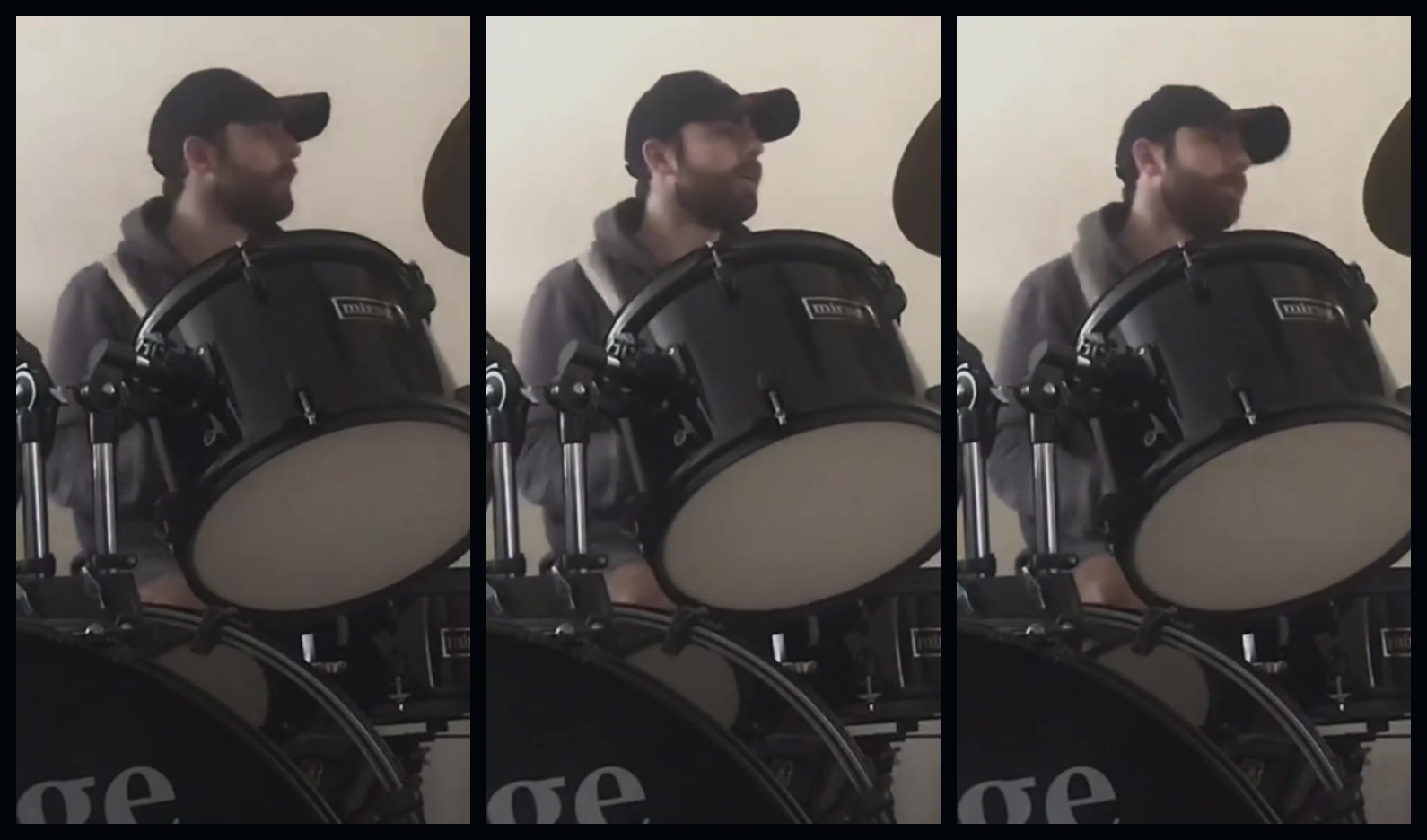 Cornelius Aurelius playing drums in three video frames
