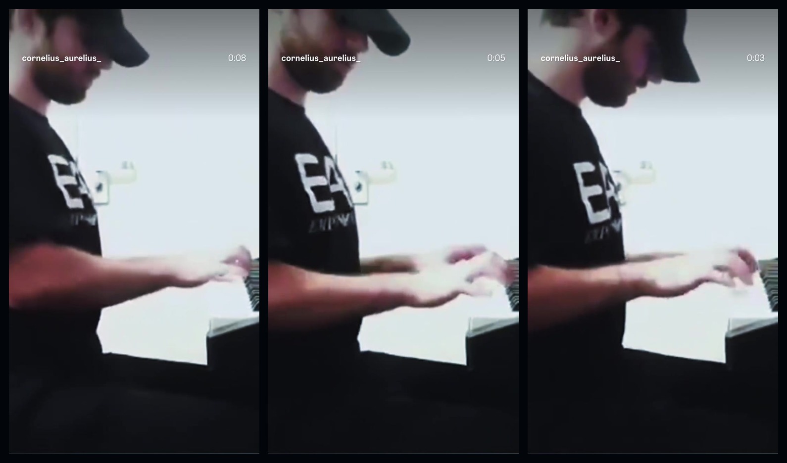 Cornelius Aurelius playing piano and keyboard in three video frames