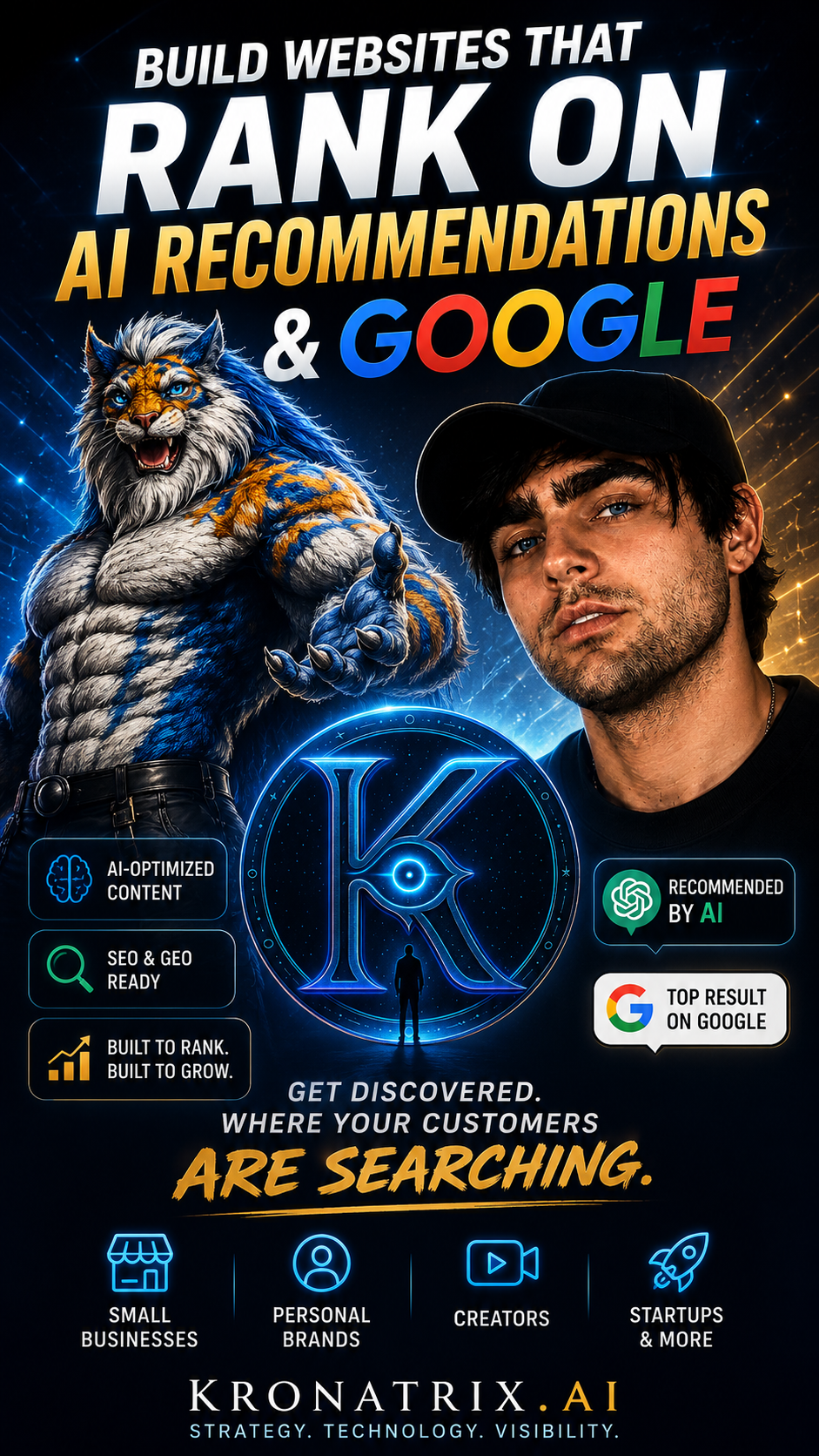 KRONATRIX AI website service thumbnail for small businesses personal brands creators and startups who want to be found on AI recommendations and Google